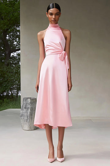 Pink A Line Halter Tea Length Satin Formal Dress